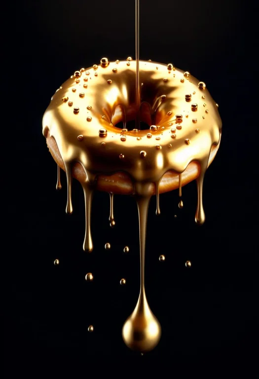Liquidgoldmorph, A Cute Donut Floating Above A Dark Tabletop...