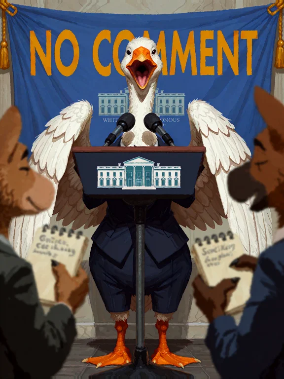 An Anthropomorphic Goose In A Sharp Navy Pantsuit Stands At...