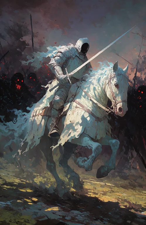 A Spectral Knight Clad In Heavy, Weathered White Armor Rides...