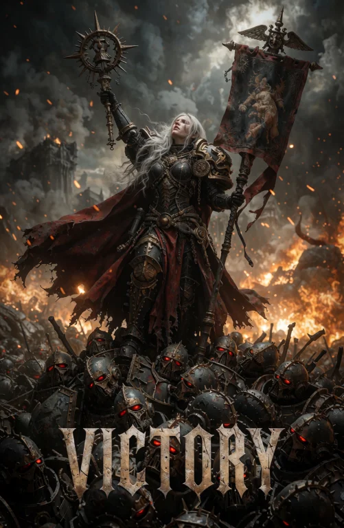 A Dark, Epic Warhammer 40k Propaganda Art. A Triumphant Sist...