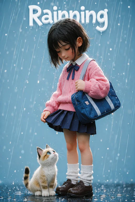 A Girl In A School Uniform And A Kitten Standing Together A...