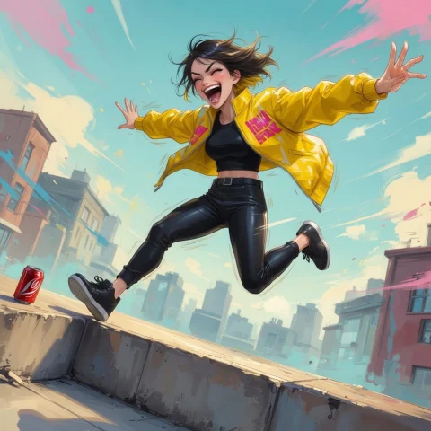 Caught Mid-leap Off A Low Concrete Ledge, A Woman Throws Her... — Stable Diffusion AI Prompt: Caught mid-leap off a low concrete ledge, a woman throws her arms out for balanc...