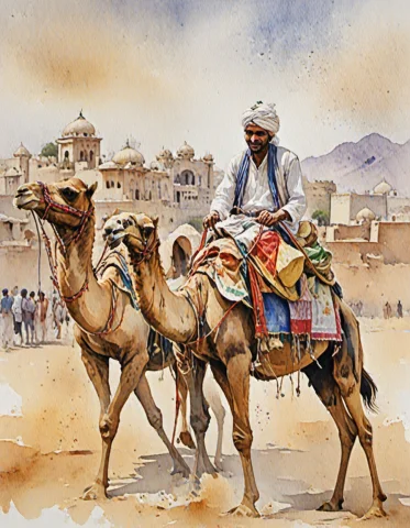 Chahamanstylewatercolor,a Rajasthani Camel Rider — SDXL AI Prompt: chahamanstyle_watercolor,a Rajasthani camel rider