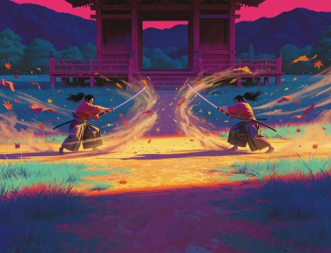 A Very Wide Establishing Shot Of Two Samurai Mid-duel On A D... — Stable Diffusion AI Prompt: A very wide establishing shot of two samurai mid-duel on a dirt path between a w...