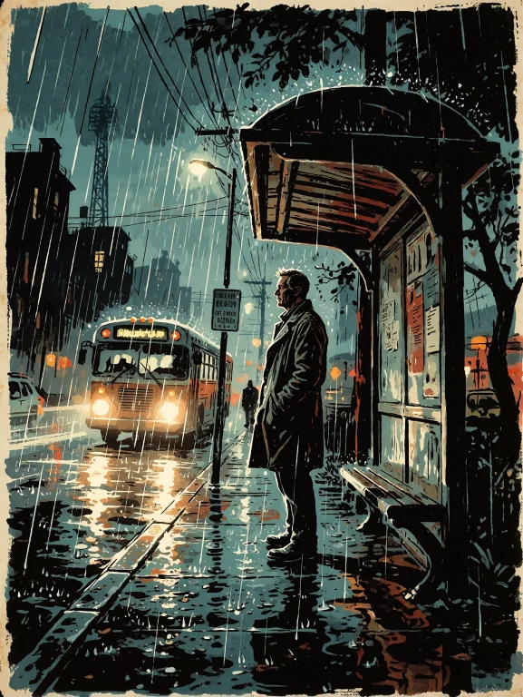 A Rugged Man In His Forties Waiting Alone At An Old Bus Stop...
