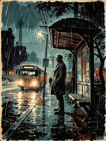 A Rugged Man In His Forties Waiting Alone At An Old Bus Stop... — Stable Diffusion AI Prompt: A rugged man in his forties waiting alone at an old bus stop during heavy rain,...