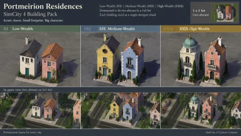 Portmeirion Residences, Simcity4 Buildings Pack Low-wealth M... — Stable Diffusion AI Prompt: Portmeirion residences, SimCity4 buildings pack low-wealth medium-wealth and hig...