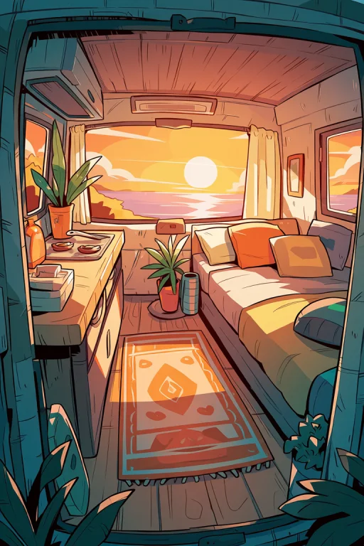 Carles Dalmau. A Cozy Camper Van Parked By The Sea. The Van...