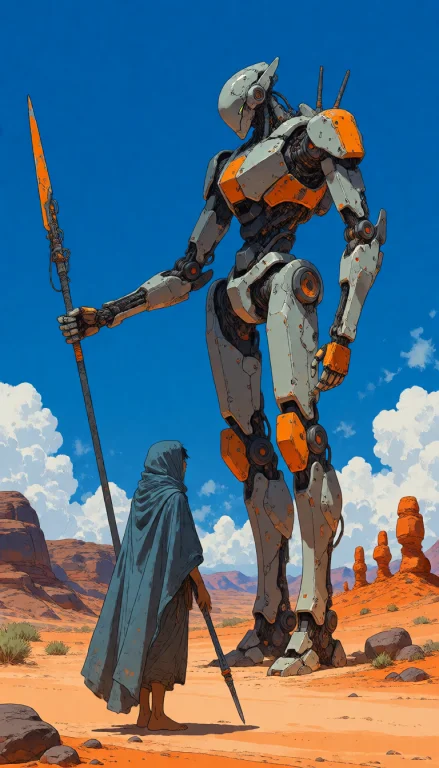 This Digital Illustration Depicts A Tall, Humanoid Robot Sta...