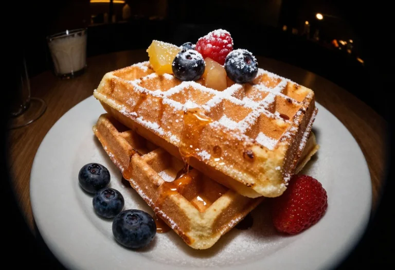 A Stack Of Waffles Dusted With Sugar And Fruit, Cinematic Ph...