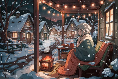 Carlesdalmau Style Illustration Of A Tranquil Winter Scene O... — Stable Diffusion AI Prompt: carles_dalmau style illustration of a tranquil winter scene of a cozy porch ador...