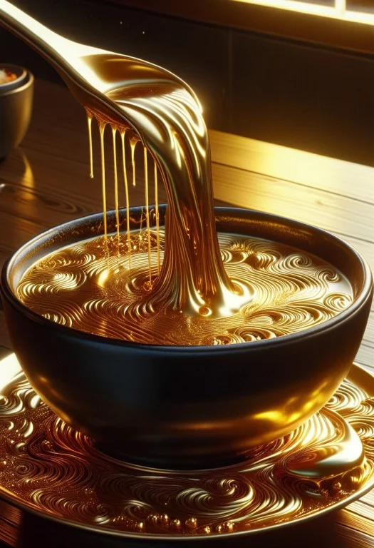 Closeup Shiny Metallic Molten Gold Ramen, On Golden Table, M...