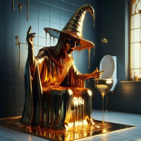 Liquidgoldmorph, Dripping Wizard Wearing A Pointed Hat And S... — SDXL AI Prompt: liquidgoldmorph, dripping wizard wearing a pointed hat and sunglasses, casting s...