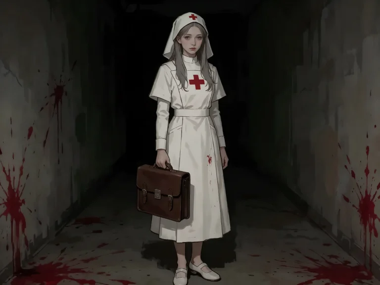 Nurse In White Dress Holding Medical Bag Dark Hallway Blood...