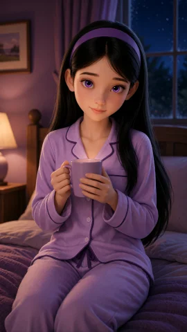 Kvil, Three-quarter Body View, Seated On A Bed, Face Uncover... — Stable Diffusion AI Prompt: Kvil, three-quarter body view, seated on a bed, face uncovered, wearing purple p...