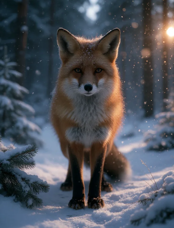 A Red Fox Stands Alert In A Snowy Forest, Its Full Body Symm...