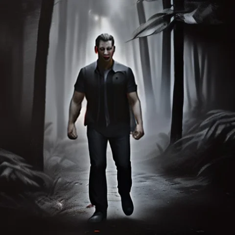 A Muscular Male Vampire Walking In A Haunted Digital Cartoon... — Stable Diffusion AI Prompt: a muscular male vampire walking in a haunted digital cartoon forest, black and w...