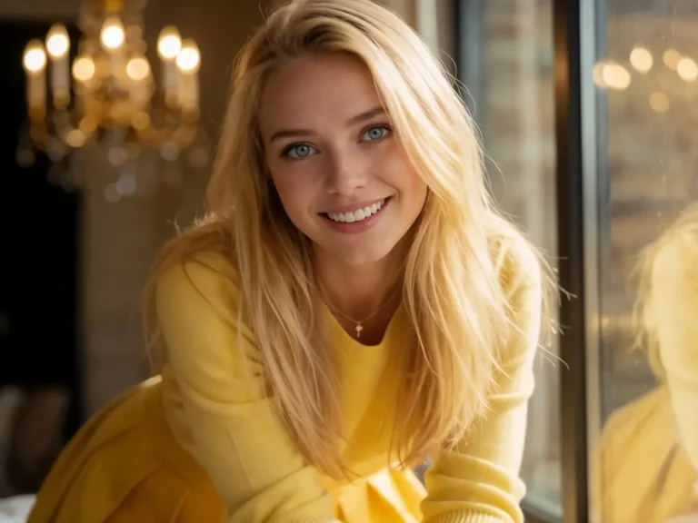 Blonde Woman In Yellow Sweater Smiling By Window Chandelier...