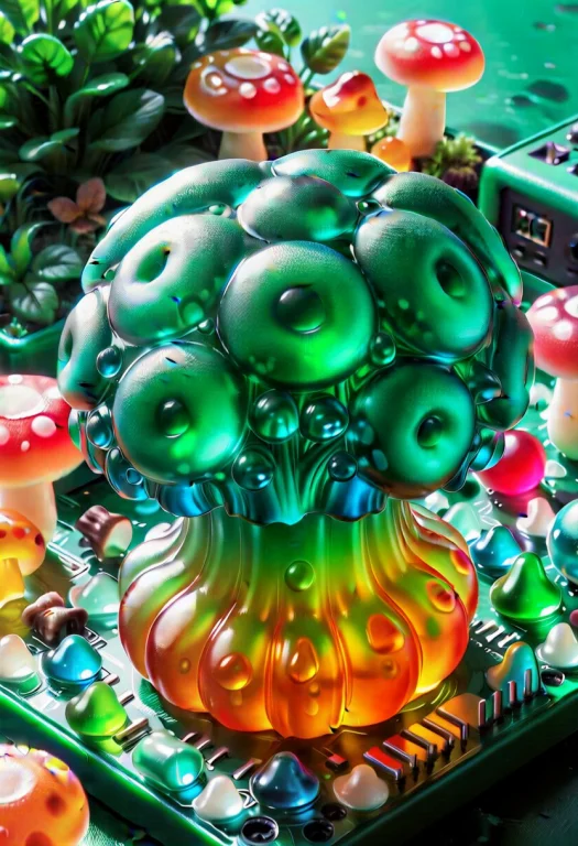 Mushrooms As A Solid Gummy Candy, Vibrant Color, Translucent...