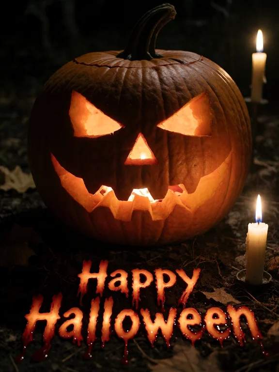 A Carved Halloween Pumpkin Glowing From Within, Lit By A Fli...