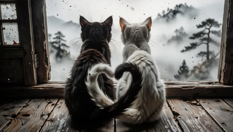 A Digital Photograph Taken From A Low Angle, About Two Cats...