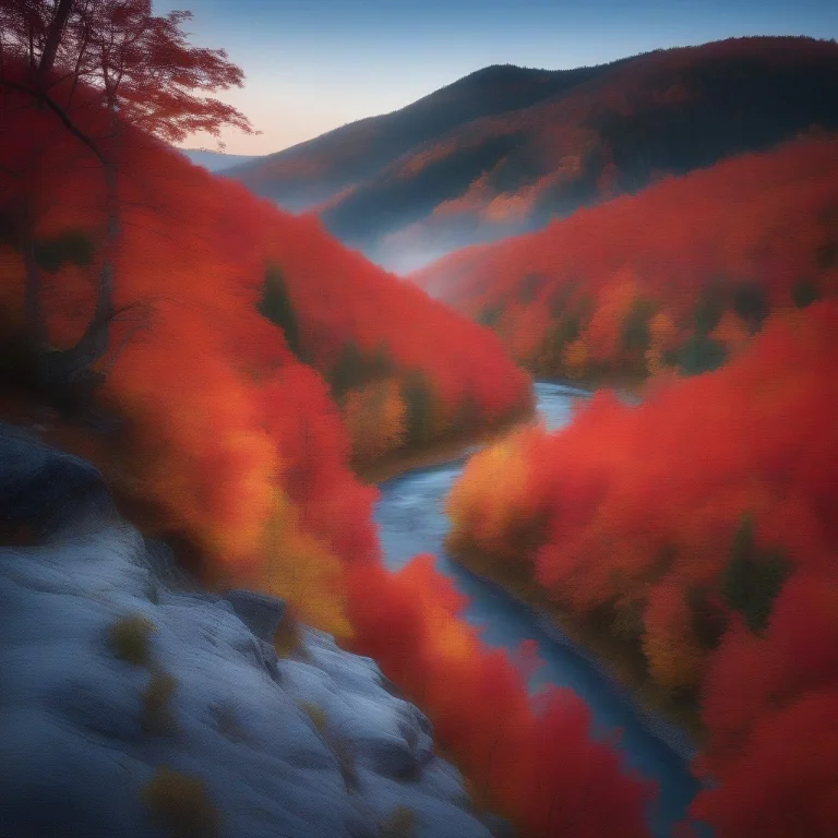 An Autumn Valley Ablaze With Red Maples, Analog Photo, Blue...