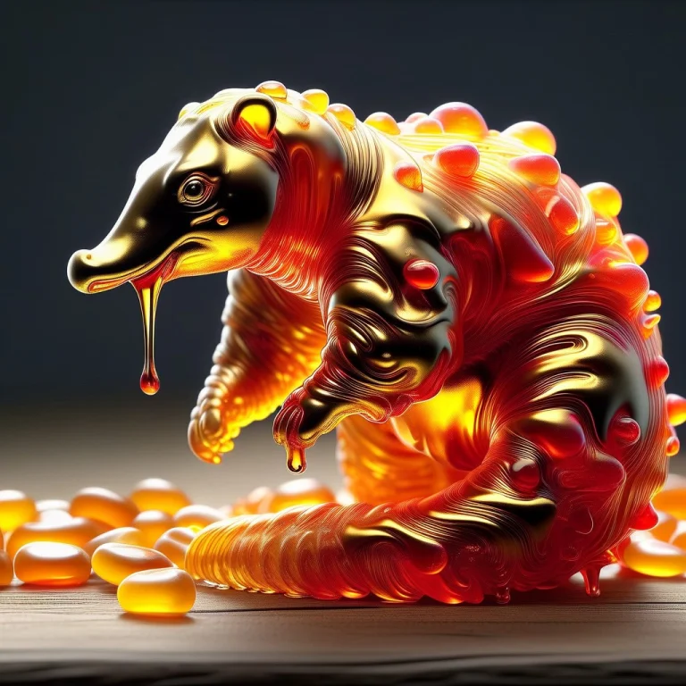 A Vibrant, Translucent Liquidgoldmorph, Dripping Gummy Pango...