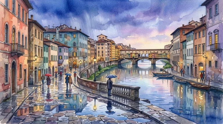 Vivid Full-bleed Watercolor Illustration Of An Old Riverside...