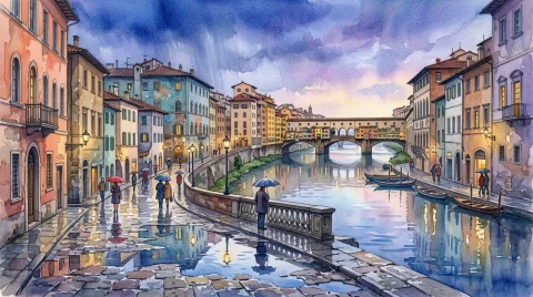 Vivid Full-bleed Watercolor Illustration Of An Old Riverside... — Stable Diffusion AI Prompt: Vivid full-bleed watercolor illustration of an old riverside city just after rai...