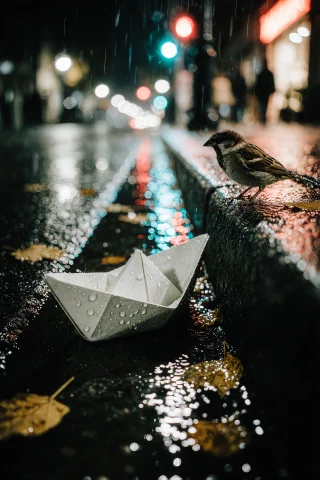 Zidiusart. A Photograph Taken Close To The Ground Of A Small... — Stable Diffusion AI Prompt: ZIDIUSART. A photograph taken close to the ground of a small white paper boat dr...