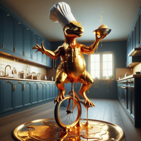 Liquidgoldmorph, Dripping Dinosaur Chef Wearing A Tall Toque... — SDXL AI Prompt: liquidgoldmorph, dripping dinosaur chef wearing a tall toque, flipping pancakes...