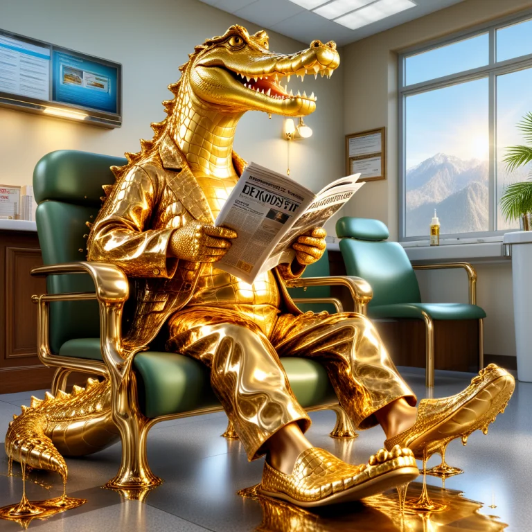 Hdr, 8k, A Crocodile Reading The Newspaper In A Dentist Wait...