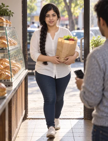 Zxrevathi Woman, 33 Years Old, Full Body, Phone Photo Walkin... — Stable Diffusion AI Prompt: zxrevathi woman, 33 years old, full body, phone photo walking out of a bakery wi...