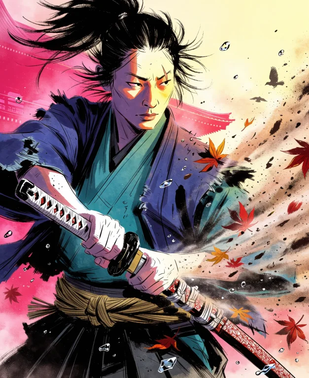 Medium Close-up Of One Adult Samurai Alone, Caught Mid-slash...