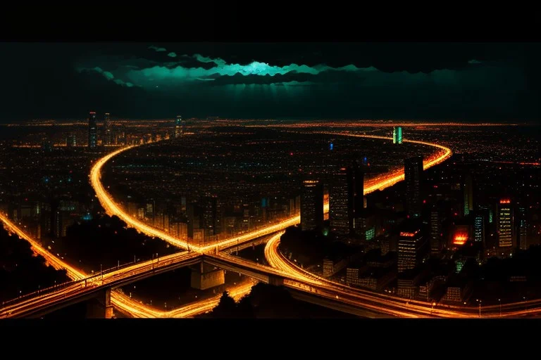 A Neon Megacity Sprawling Beneath Layered Highways, Low Key...