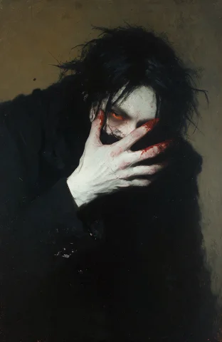 An Oil Painting Features A Pale-skinned Figure With Dark, Di... — Stable Diffusion AI Prompt: An oil painting features a pale-skinned figure with dark, disheveled hair emergi...