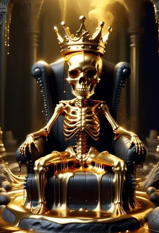 Liquidgoldmorph, A Chibi Skeleton Sitting On An Ancient Thro... — SDXL AI Prompt: liquidgoldmorph, a chibi skeleton sitting on an ancient throne, its crown and bo...