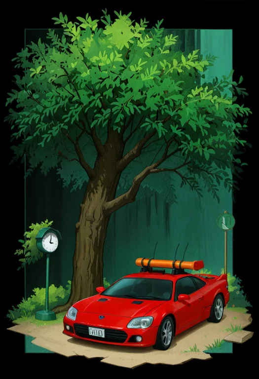 Table Clock. Hot Rod. A Fusion Between A Tree, Colorful Blue...