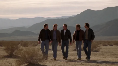Cr2003, Five Men Are Walking Together Across A Vast, Flat De... — Stable Diffusion AI Prompt: cr2003, five men are walking together across a vast, flat desert expanse, engage...
