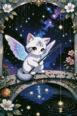 90smelancholy, Retro, A Chibi Angelic White Baby Kitten Sits... — Stable Diffusion AI Prompt: 90s_melancholy, retro, A chibi angelic white baby kitten sits in serene stillnes...