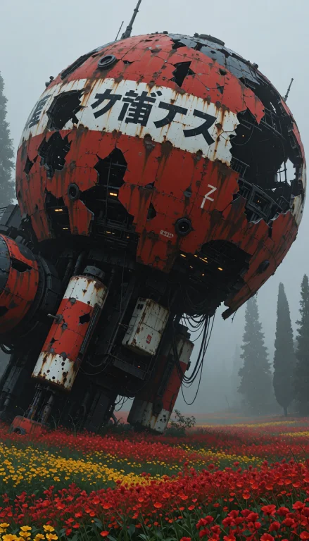 This Photograph Depicts A Large, Heavily Damaged, Red And Wh...