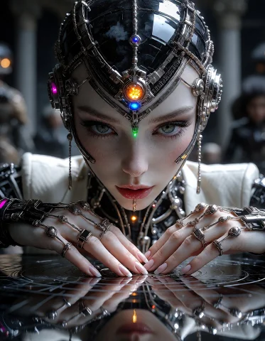 A Divine Machine Oracle With A Split Symmetrical Face Design... — Stable Diffusion AI Prompt: a divine machine oracle with a split symmetrical face design, with glossy chrome...