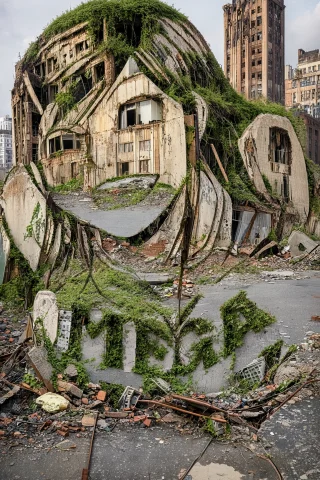 Transform The Entire Image Into A Photograph Of A Post-apoca... — Stable Diffusion AI Prompt: Transform the entire image into A photograph of a post-apocalyptic city downtown...