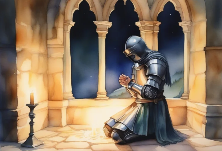 A Knight Kneeling In A Candlelit Stone Chapel, Watercolor Pa...