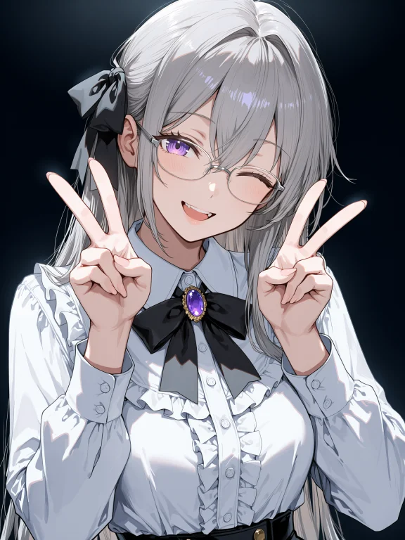 1girl, V, Purple Eyes, Double V, One Eye Closed, Glasses, So...