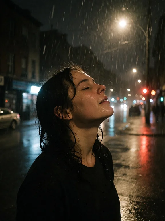 On A Lonely Street Corner At Night, A Woman Stands With Her...