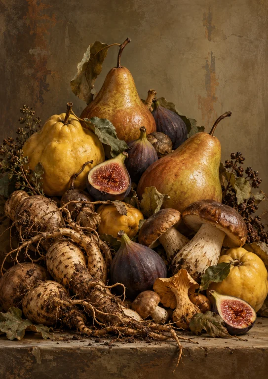 Une Nature Morte Compose De Poires, Figues, Coings, Champign...