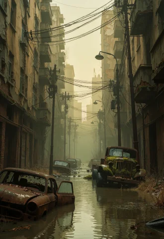 This Is A Yellowish-green Light. The Image Features A Narrow... — Stable Diffusion AI Prompt: This is a yellowish-green light. The image features a narrow, flooded street run...