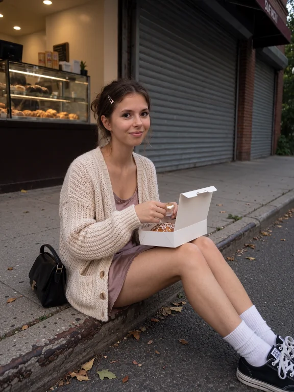 Photo Of A Young Woman, Sitting On The Curb Beside A Closed...