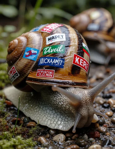 A Fanciful Depiction Of Racing Snails. The Snails Are Covere... — Stable Diffusion AI Prompt: A fanciful depiction of racing snails. The snails are covered with racing decals...
